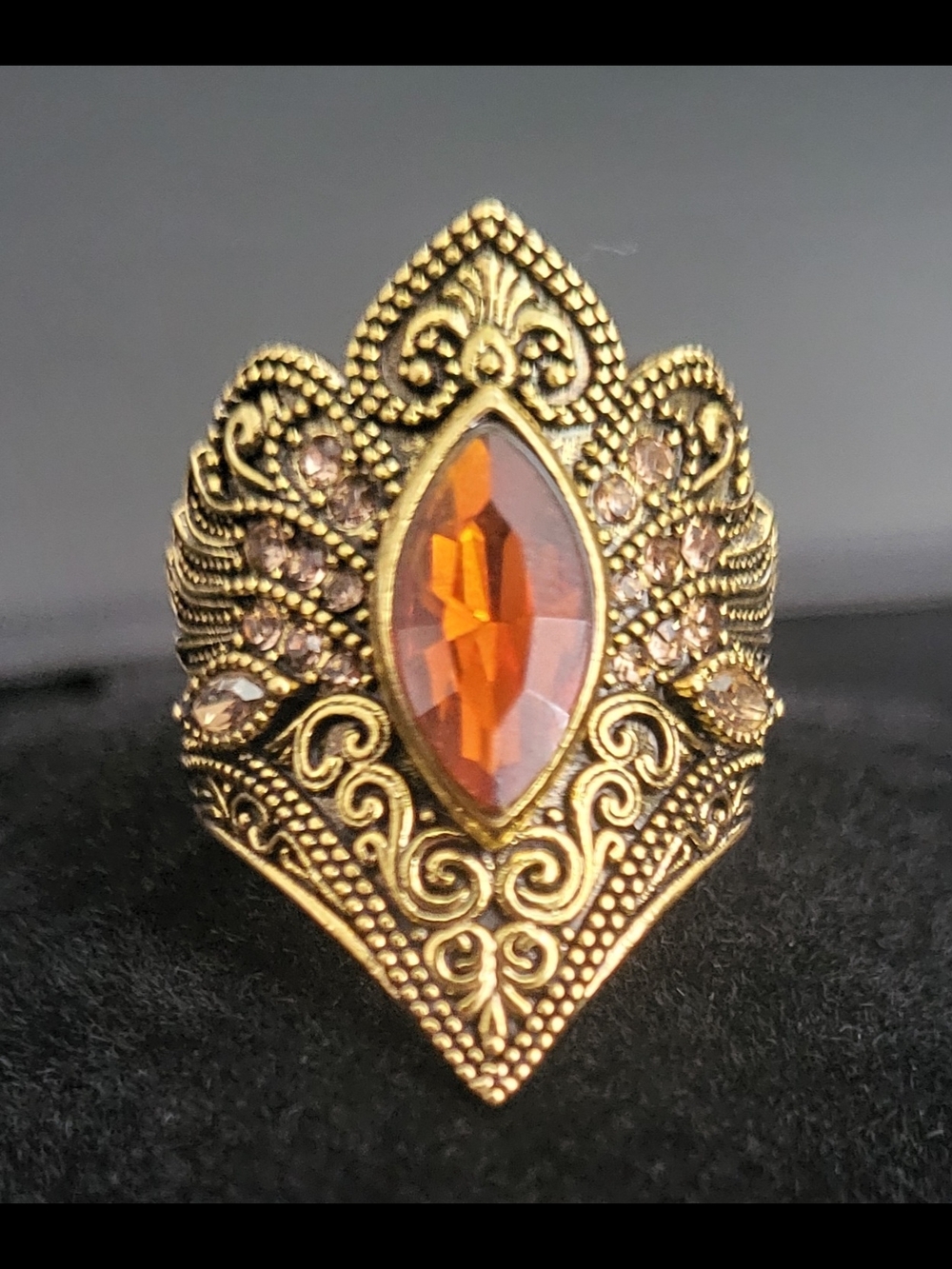 Gold-Tone Vintage Style, Filigree Ring with Orange Marquise Stone - Size 8